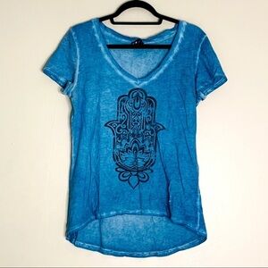 Knit riot hamsah graphic v neck short sleeve T-shirt large women’s blue tee